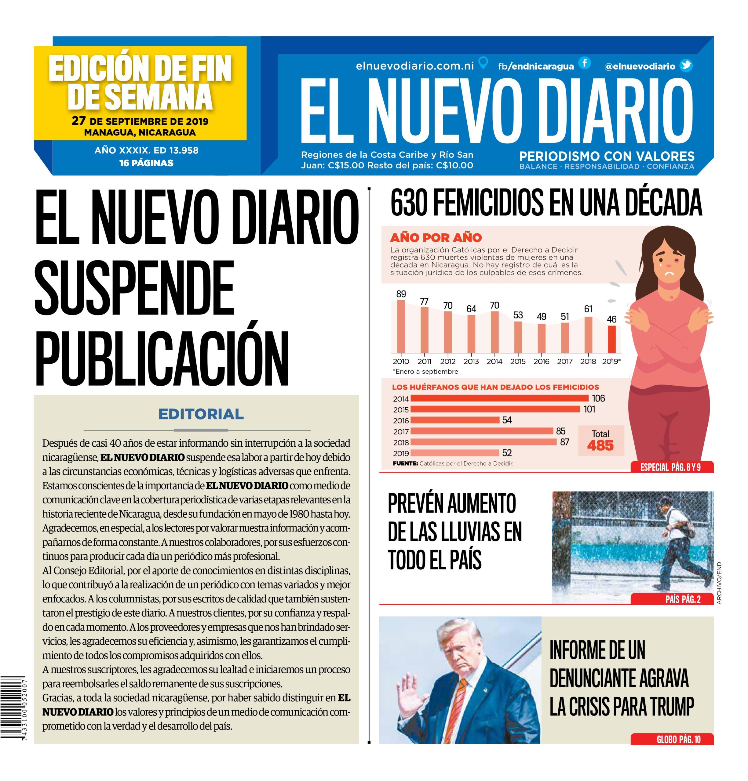 El Nuevo Diario publicó un editorial confirmando la suspensión de sus publicaciones y agradeciendo a sus lectores. Cortesía: El Nuevo Diario