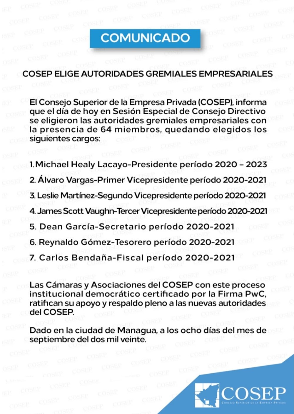 Comunicado del Cosep sobre elecciones 2020