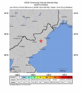 Imagen cedida por la US Geological Survey que muestra el sitio donde un terremoto de escala 5.1 se presentó en Sungibaegam (Corea del Norte).