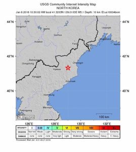 Imagen cedida por la US Geological Survey que muestra el sitio donde un terremoto de escala 5.1 se presentó en Sungibaegam (Corea del Norte). 