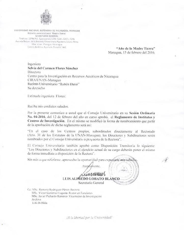 Notificación enviada a los directivos de los "centros propios" de la UNAN-Managua. Confidencial