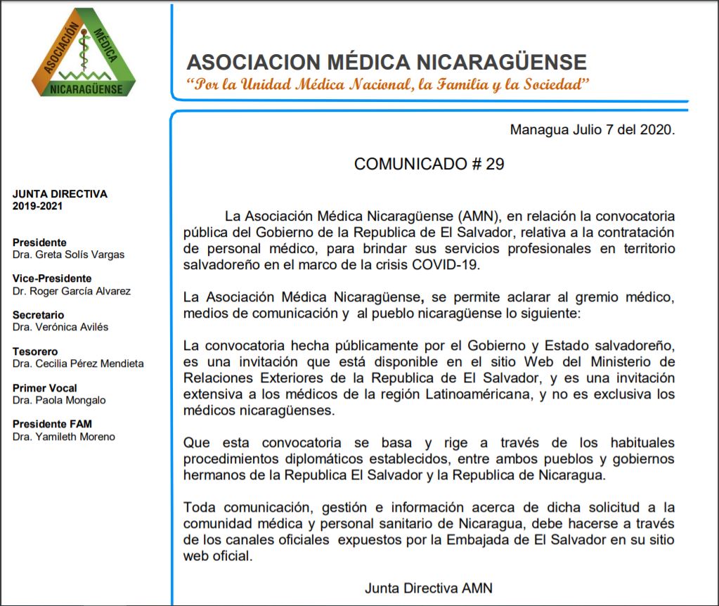 Comunicado Asociación Médica NIcaragüense