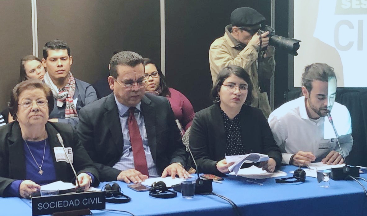 Vilma Núñez, del Cenidh; Marcos Carmona de la CPDH; Madelaine Caracas, dirigente universitaria y José Ignacio Gómez, del Cejil, participaron en la audiencia “Represión y Violación a los Derechos Humanos en Nicaragua”. Foto: Cortesía.