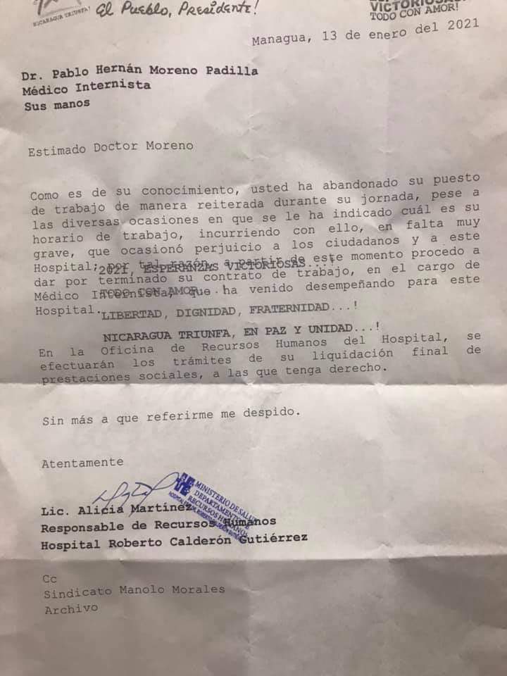 carta de despido del doctor Pablo Moreno