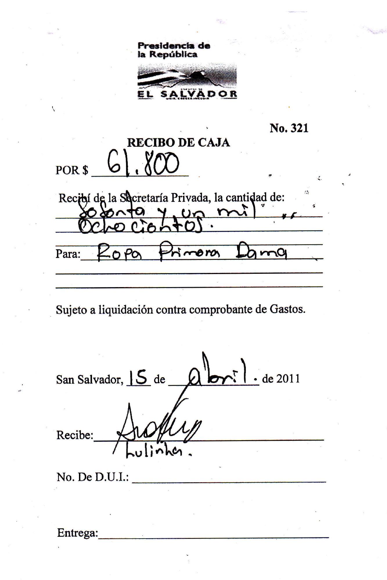 La Secretaría Privada de la Presidencia documentó un gasto de $61,800 dólares para el pago de ropa de la primera dama de la República, Vanda Pignato. Ese pago se realizó el 15 de abril de 2011, cuando Pignato dirigía ad honorem la Secretaría de Inclusión Social. Durante su juicio por enriquecimiento ilícito, que inició en marzo de 2016, Pignato aseguró que todos sus gastos los pagaba el expresidente Funes. Fuentes de El Faro que eran parte del gabinete de gobierno confirmaron que Lulinha, quien firma, era una asesora de moda de Pignato